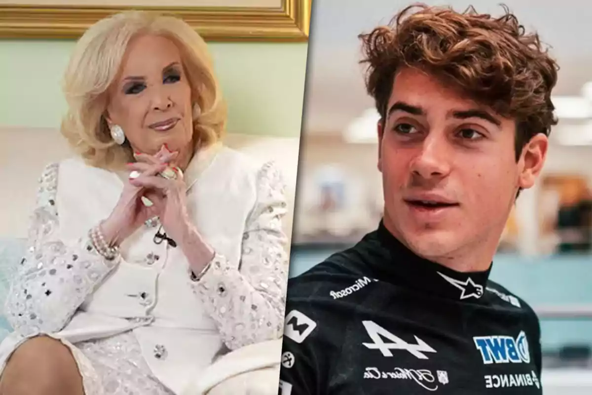 Una mujer mayor elegantemente vestida está sentada con las manos entrelazadas y un joven con uniforme deportivo está mirando hacia un lado.