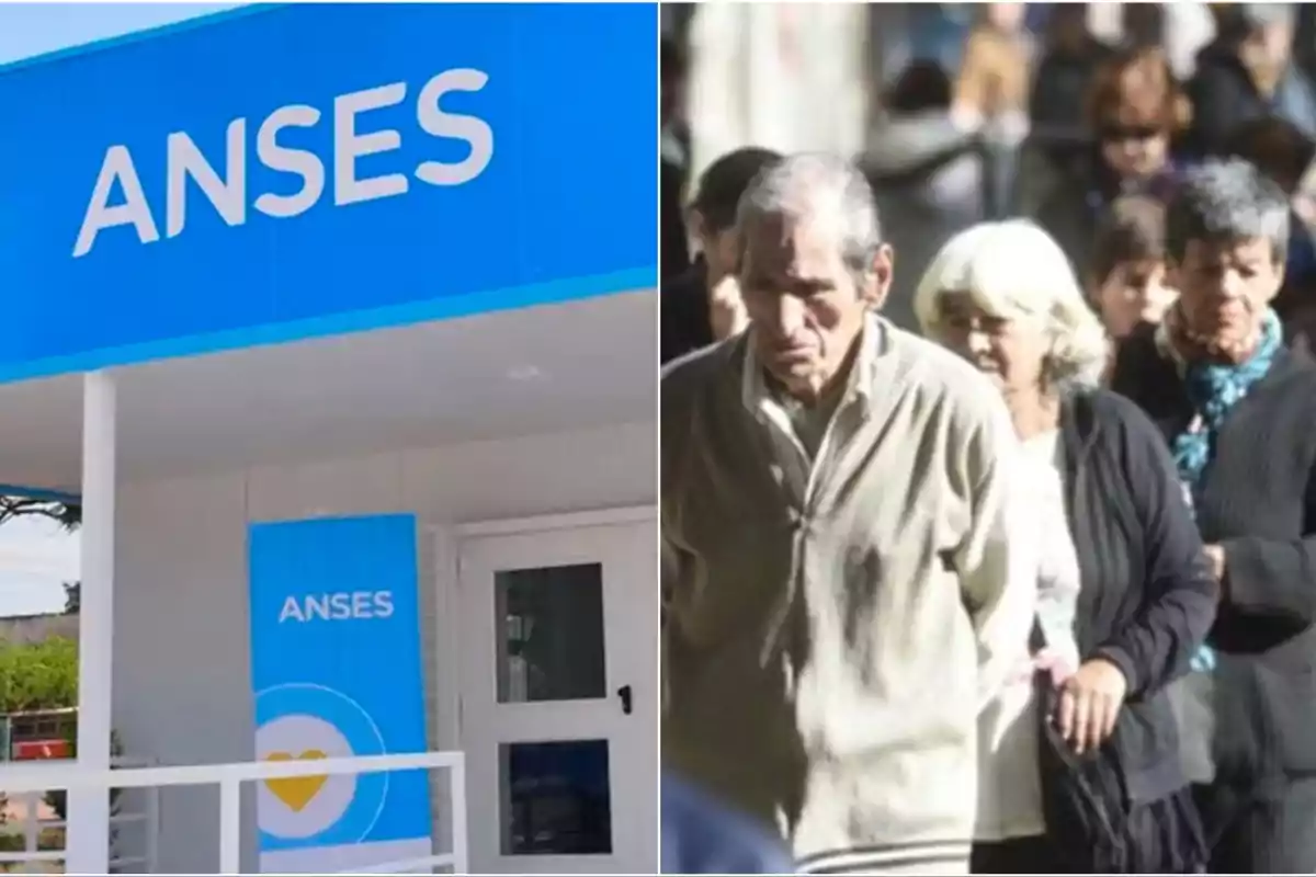 Fachada de una oficina de ANSES junto a un grupo de personas mayores caminando en fila.