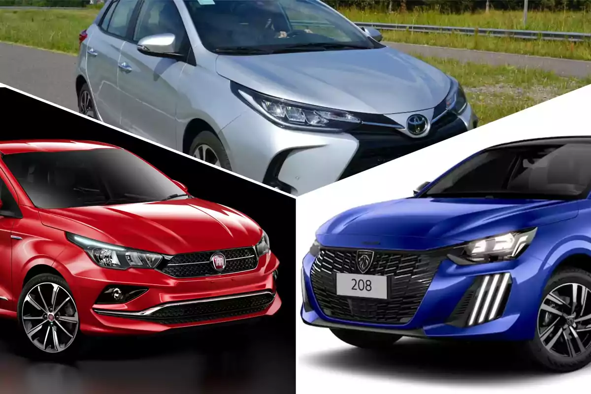 Tres autos de diferentes marcas y colores: uno plateado, uno rojo y uno azul.