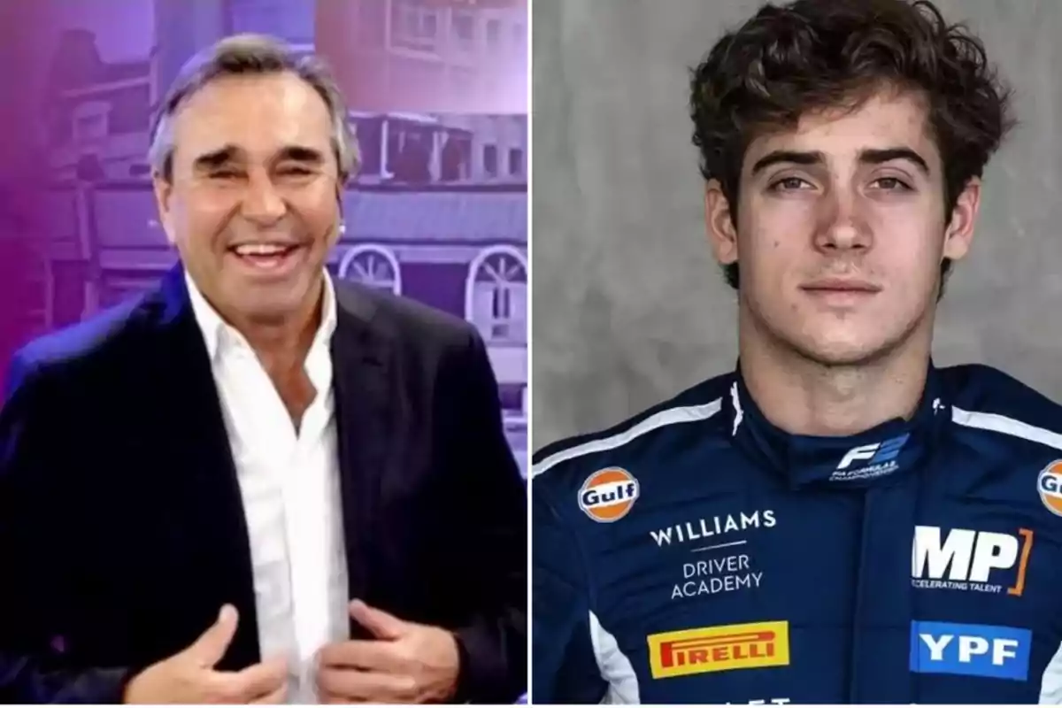 Dos hombres, uno con traje oscuro sonriendo y otro con uniforme de carreras.