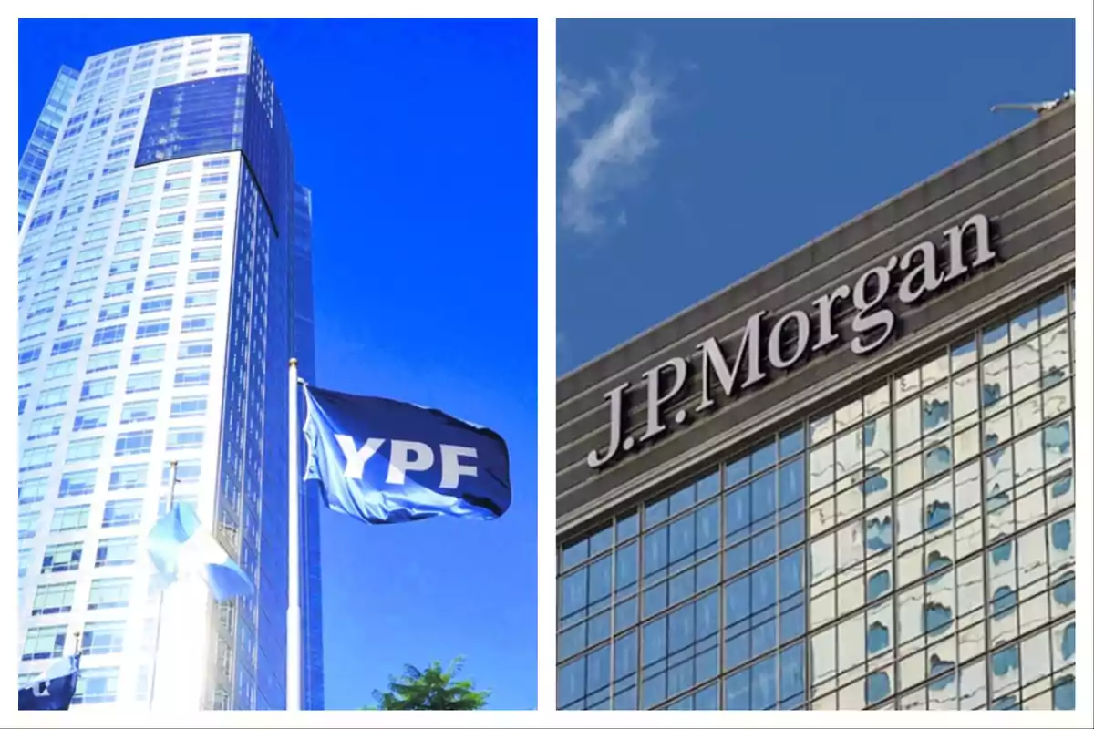 Edificios de YPF y J.P. Morgan con sus respectivas banderas ondeando.