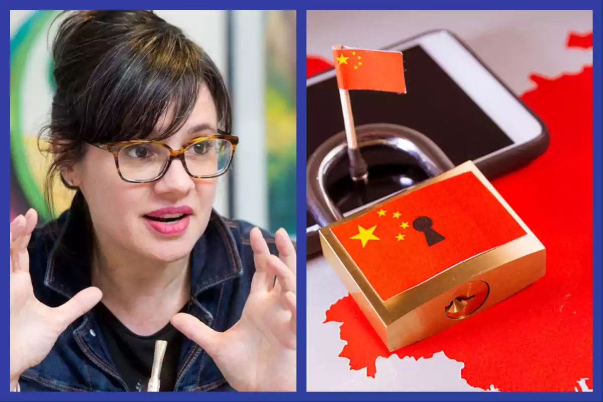 Mujer con gafas hablando y un candado con la bandera de China sobre un mapa y un teléfono.