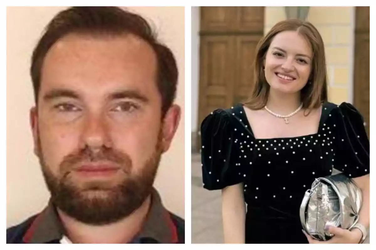Split photograph showing a bearded man with a serious expression on the left and a young woman smiling in a black dress decorated with pearls and a silver purse on the right