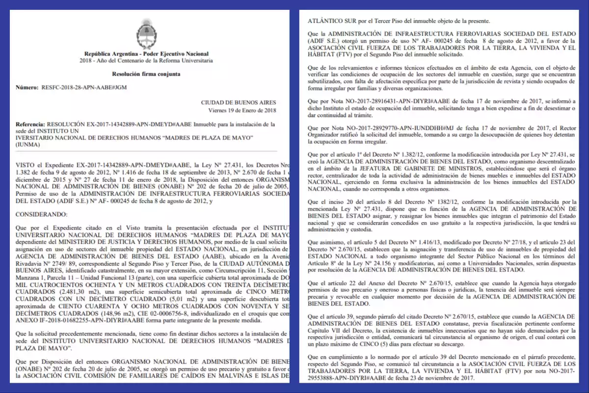 Resolución conjunta del Poder Ejecutivo Nacional de Argentina, emitida el 19 de enero de 2018, sobre la instalación del Instituto Universitario Nacional de Derechos Humanos 