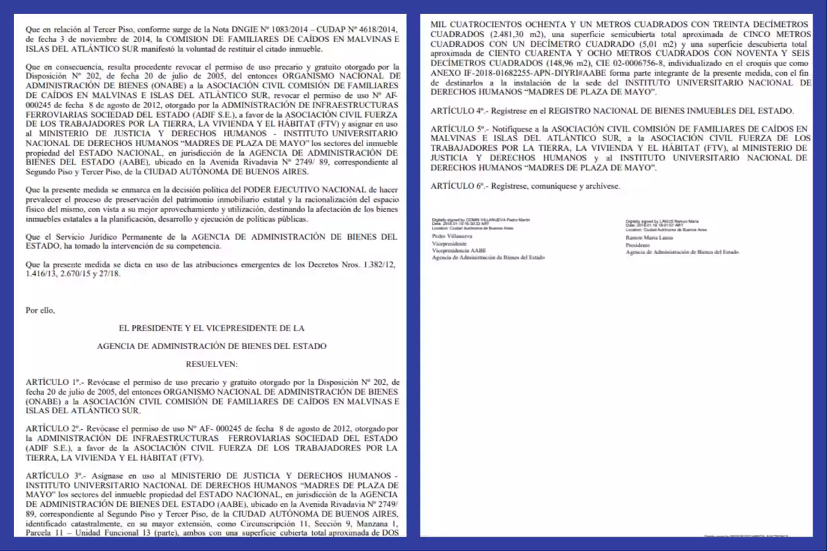 Documento oficial de la Agencia de Administración de Bienes del Estado que revoca permisos de uso de inmuebles y asigna propiedades al Ministerio de Justicia y Derechos Humanos y al Instituto Universitario Nacional de Derechos Humanos 