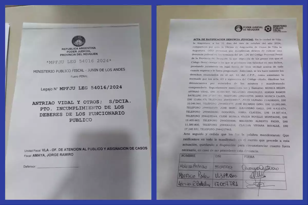 Imagen de documentos del Poder Judicial de Neuquén, Argentina, relacionados con un caso del Ministerio Público Fiscal de Junín de los Andes, sobre el incumplimiento de los deberes de un funcionario público, con detalles de nombres, DNI y firmas de los involucrados.