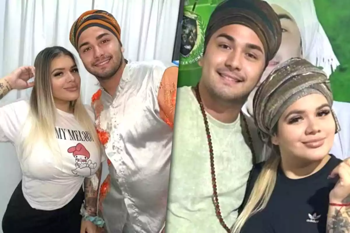 Dos personas posan juntas en dos fotos diferentes, una de ellas lleva un turbante y la otra una camiseta blanca con un diseño de personaje animado.