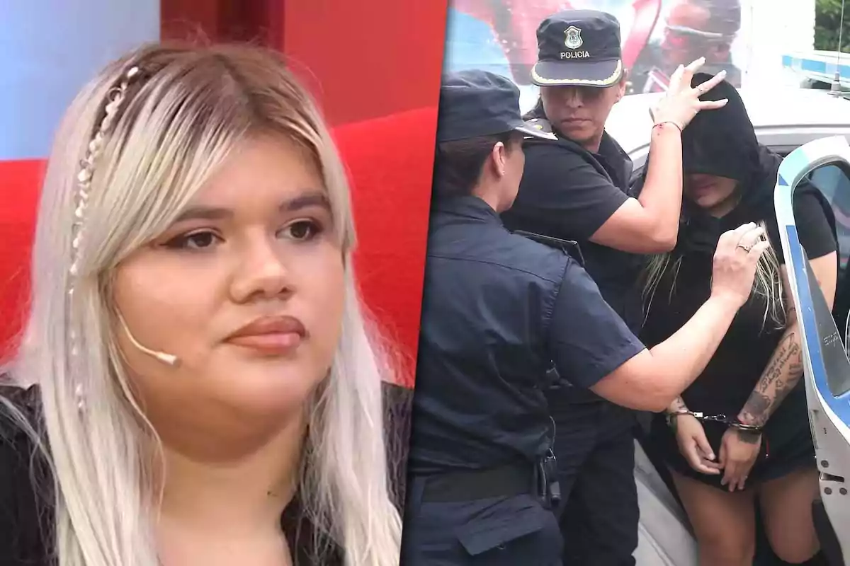 Una mujer con cabello rubio y un micrófono en la oreja está sentada en un estudio de televisión, mientras que en otra escena, una persona con capucha es escoltada por dos policías hacia un vehículo policial.