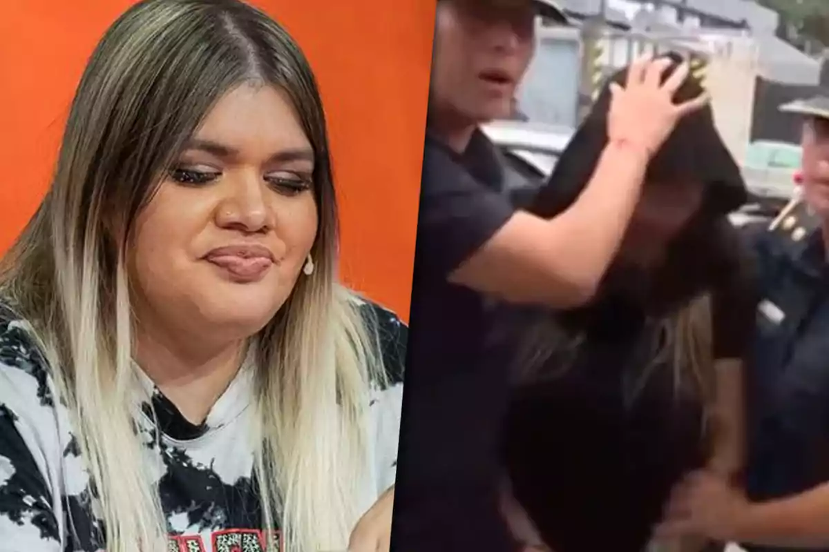 Una persona con cabello rubio y expresión seria está a la izquierda, mientras que a la derecha hay una escena con policías escoltando a alguien con capucha.