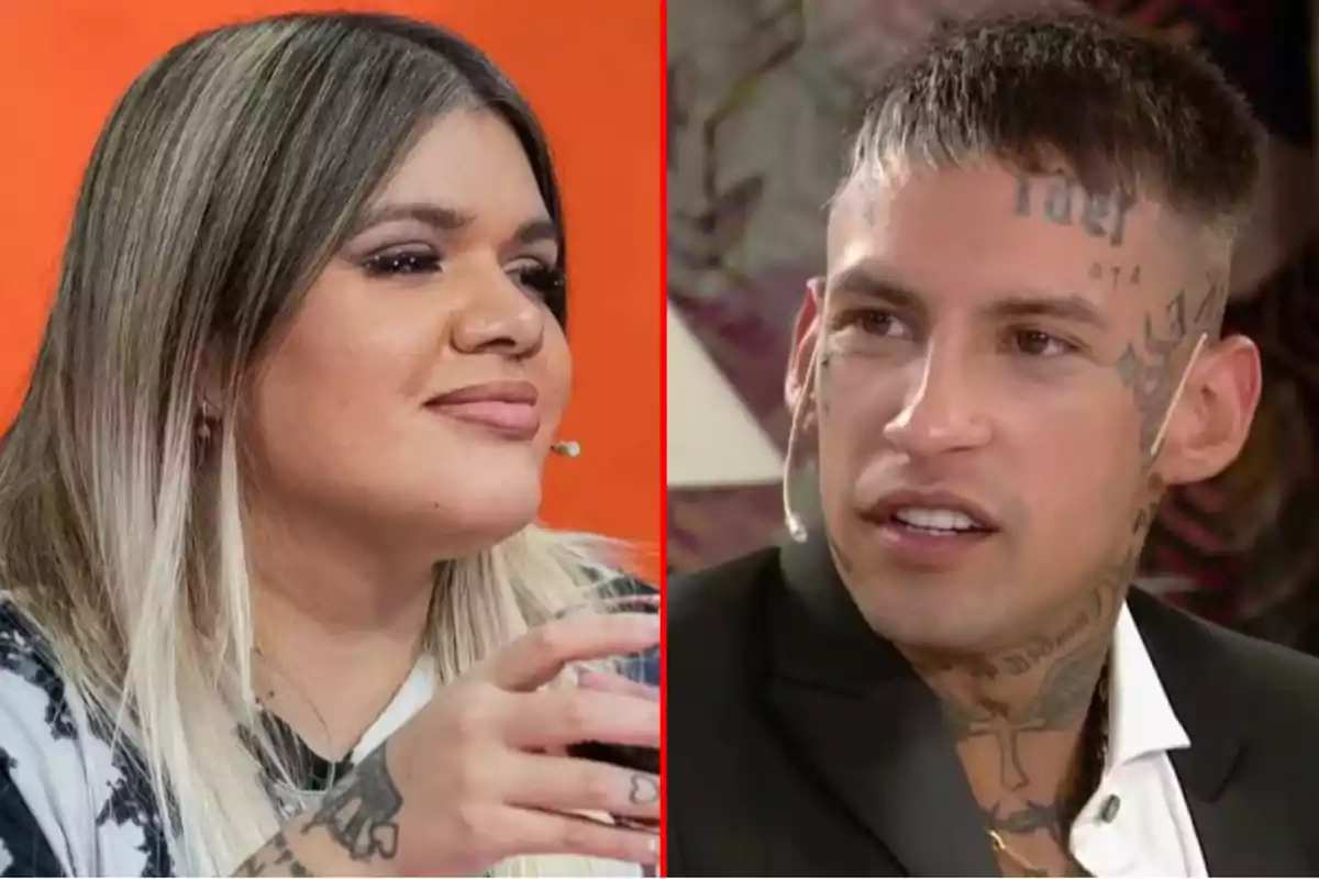 Dos personas con micrófonos de diadema participando en un programa de televisión, una mujer de cabello rubio y un hombre con tatuajes en el rostro y cuello Dos personas con micrófonos de diadema participando en un programa de televisión, una mujer de cabello rubio y un hombre con tatuajes en el rostro y cuello