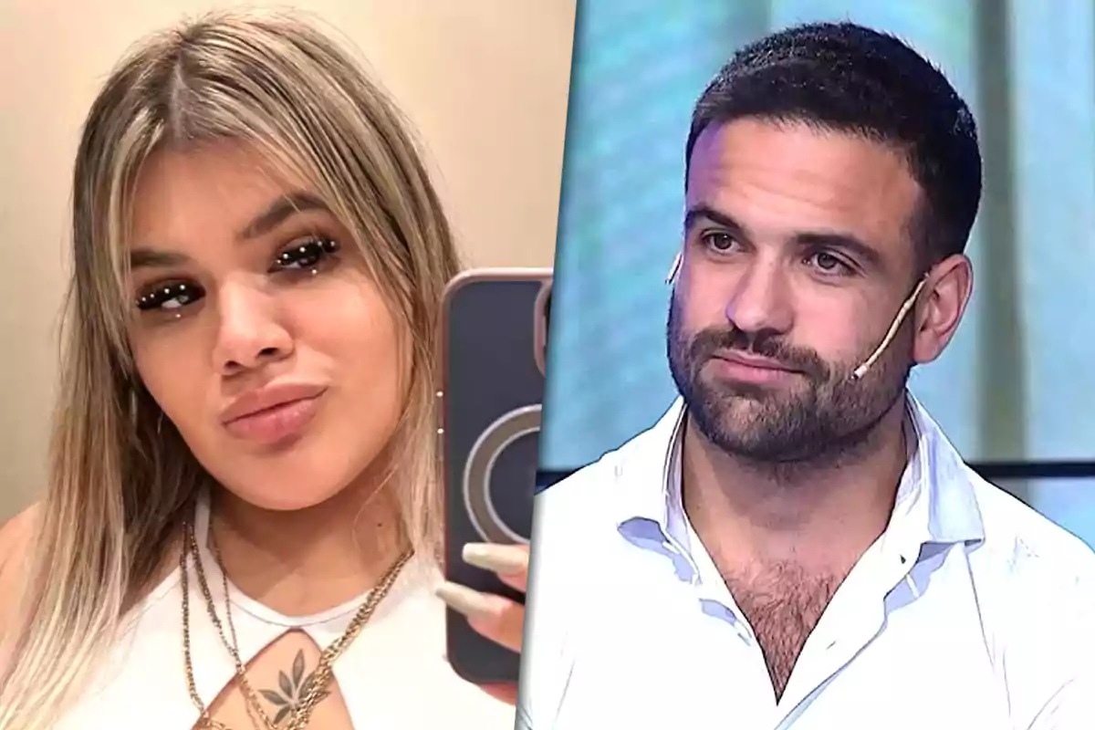 Dos personas posando en una imagen dividida, una mujer tomando una selfie y un hombre con micrófono en un estudio.