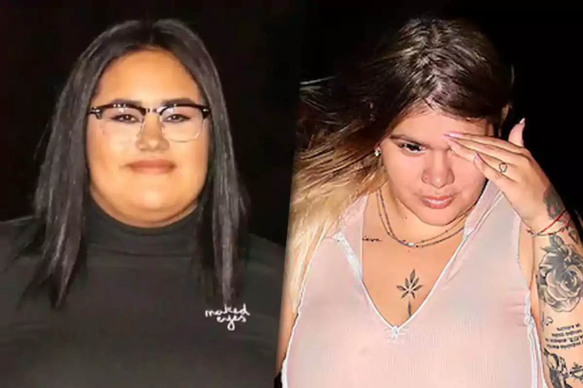 Dos personas posando para una foto, una lleva gafas y una camiseta negra (Rocío Rial), la otra tiene tatuajes visibles y se cubre parcialmente el rostro con la mano (Morena Rial).