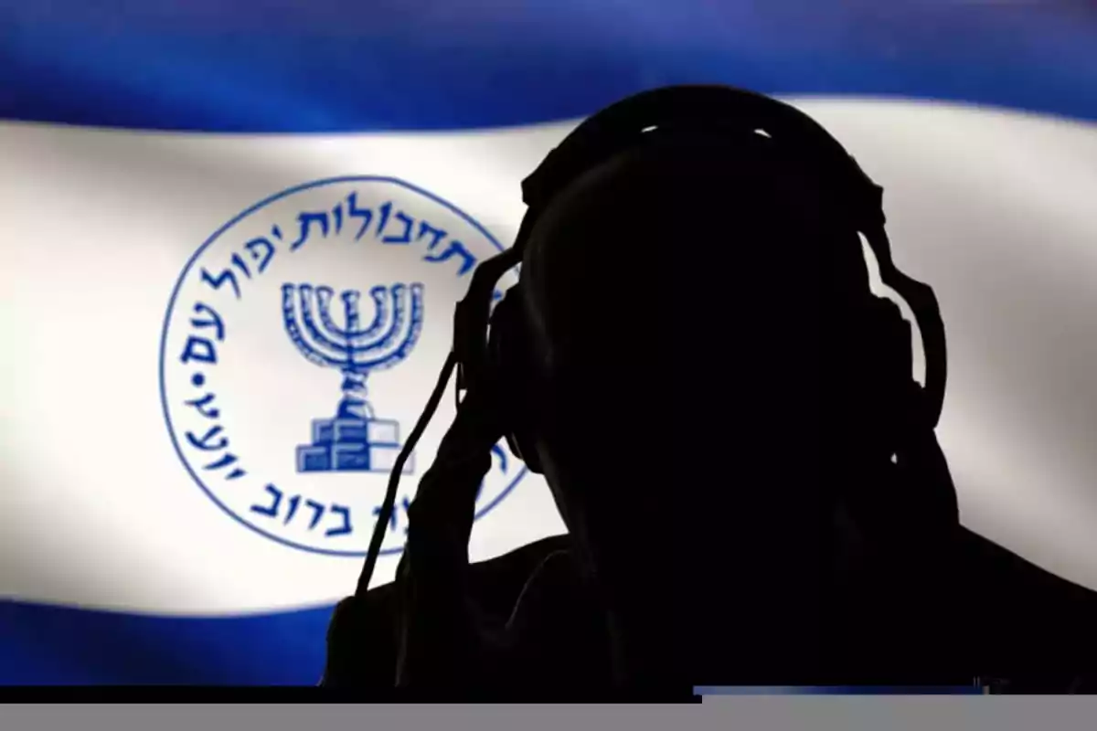 Silhouette of a person wearing headphones in front of a flag with symbols and Hebrew letters
