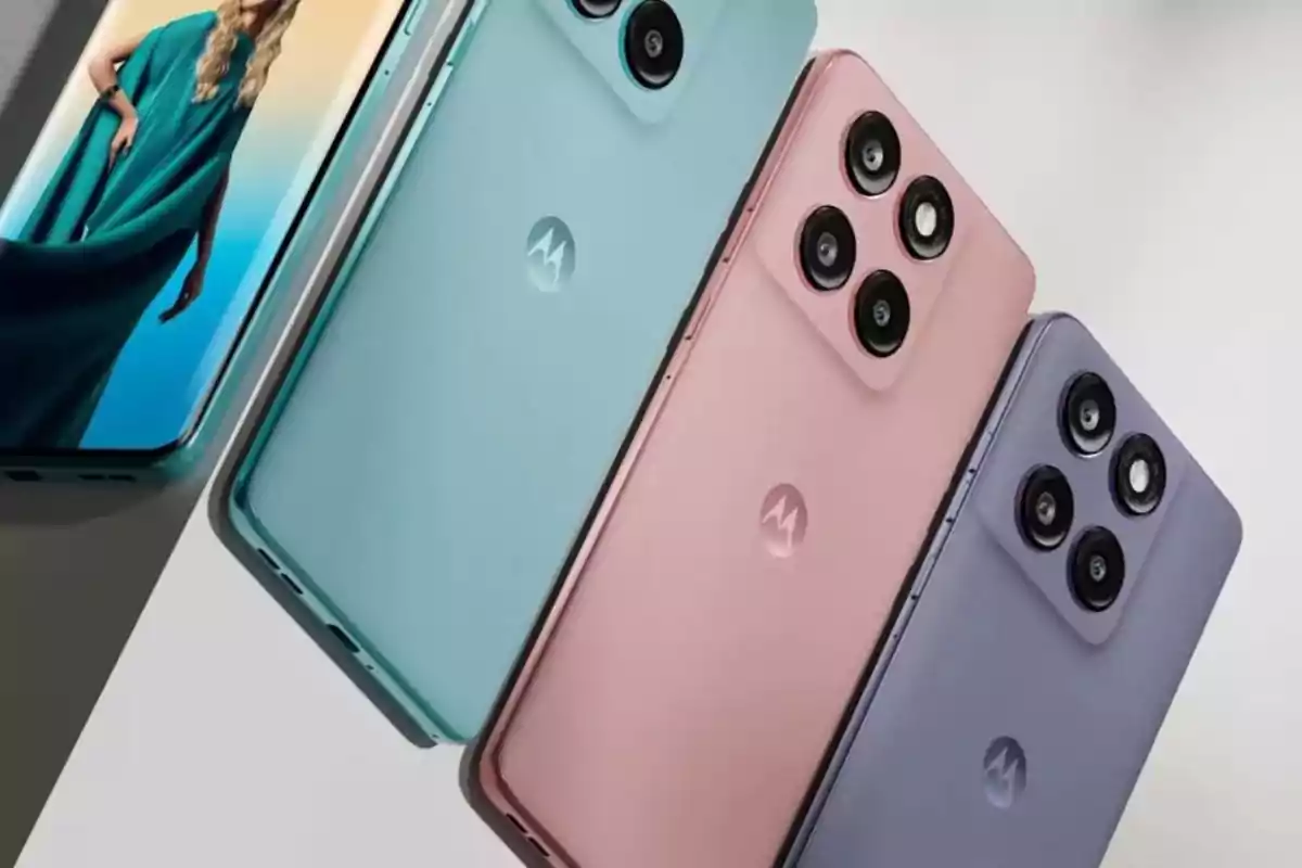 Three Motorola phones in blue, pink, and lilac, with triple rear cameras, and one of them showing the screen on with the image of a woman.