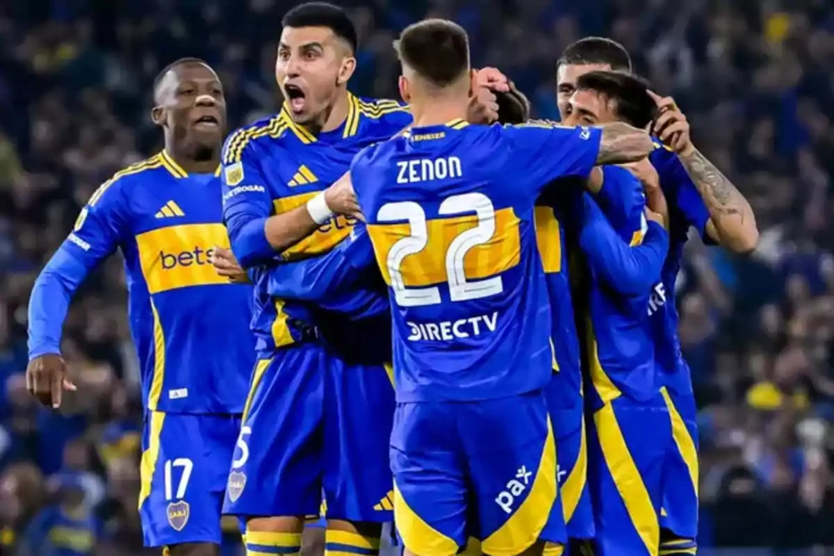 Soccer players in blue and yellow uniforms celebrating on the field. Soccer players in blue and yellow uniforms celebrating on the field.