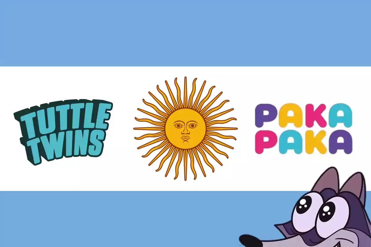 Bandera de Argentina con el sol en el centro, los logos de Tuttle Twins y Paka Paka a los lados y un personaje animado en la esquina inferior derecha