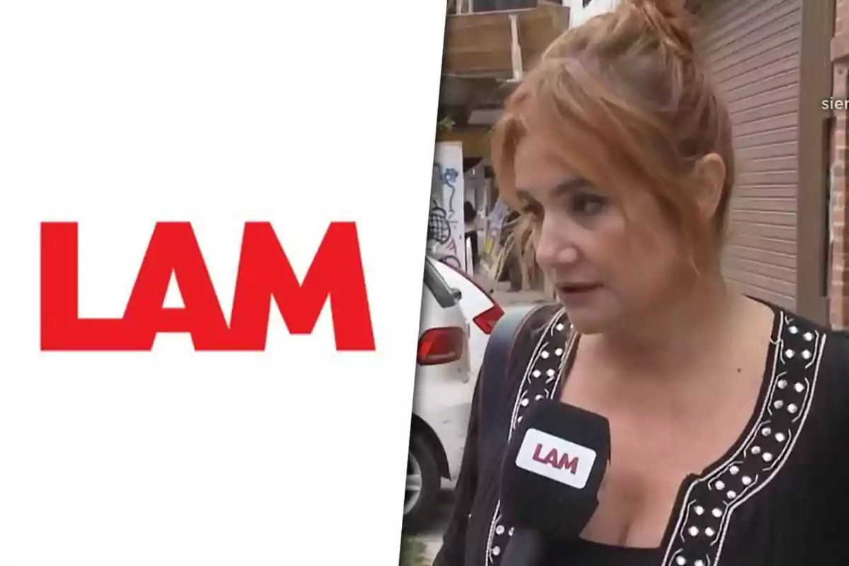 Mujer siendo entrevistada por un micrófono con el logo de LAM.
