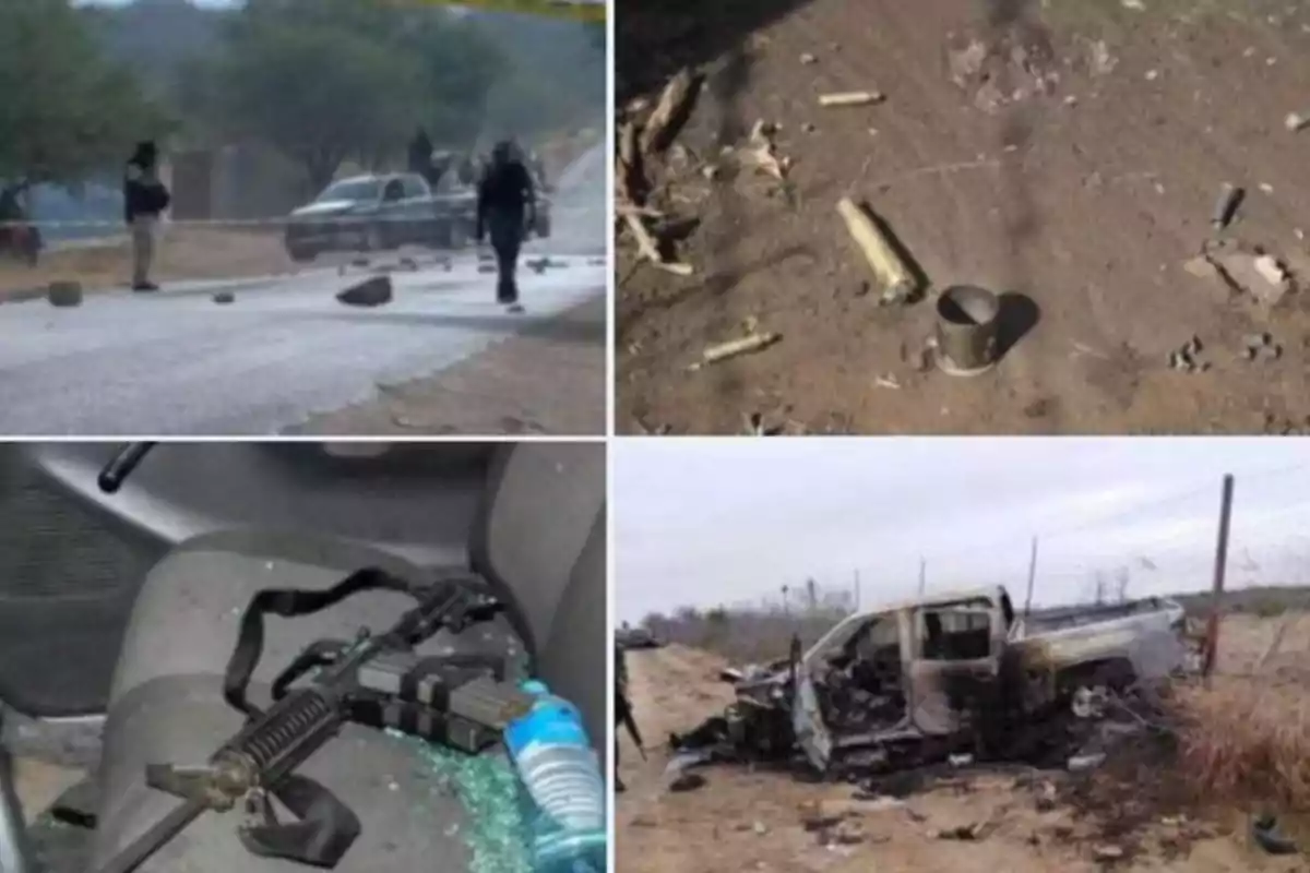 Four images show a crime scene: a road with rocks and people, bullet casings on the ground, a weapon inside a vehicle, and a burned-out truck.