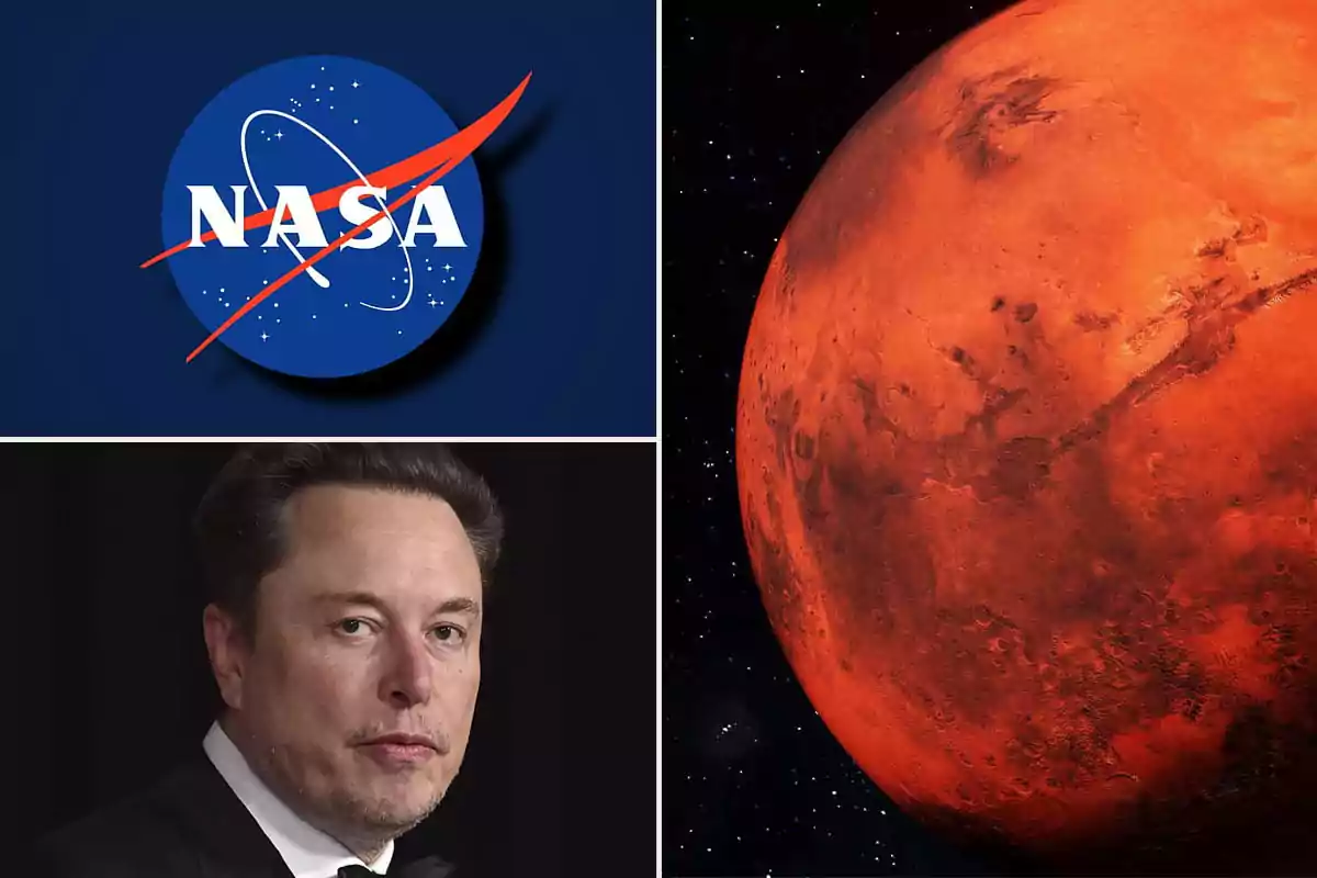 Un collage que muestra el logotipo de la NASA, un planeta rojo que parece Marte y un hombre con traje oscuro.