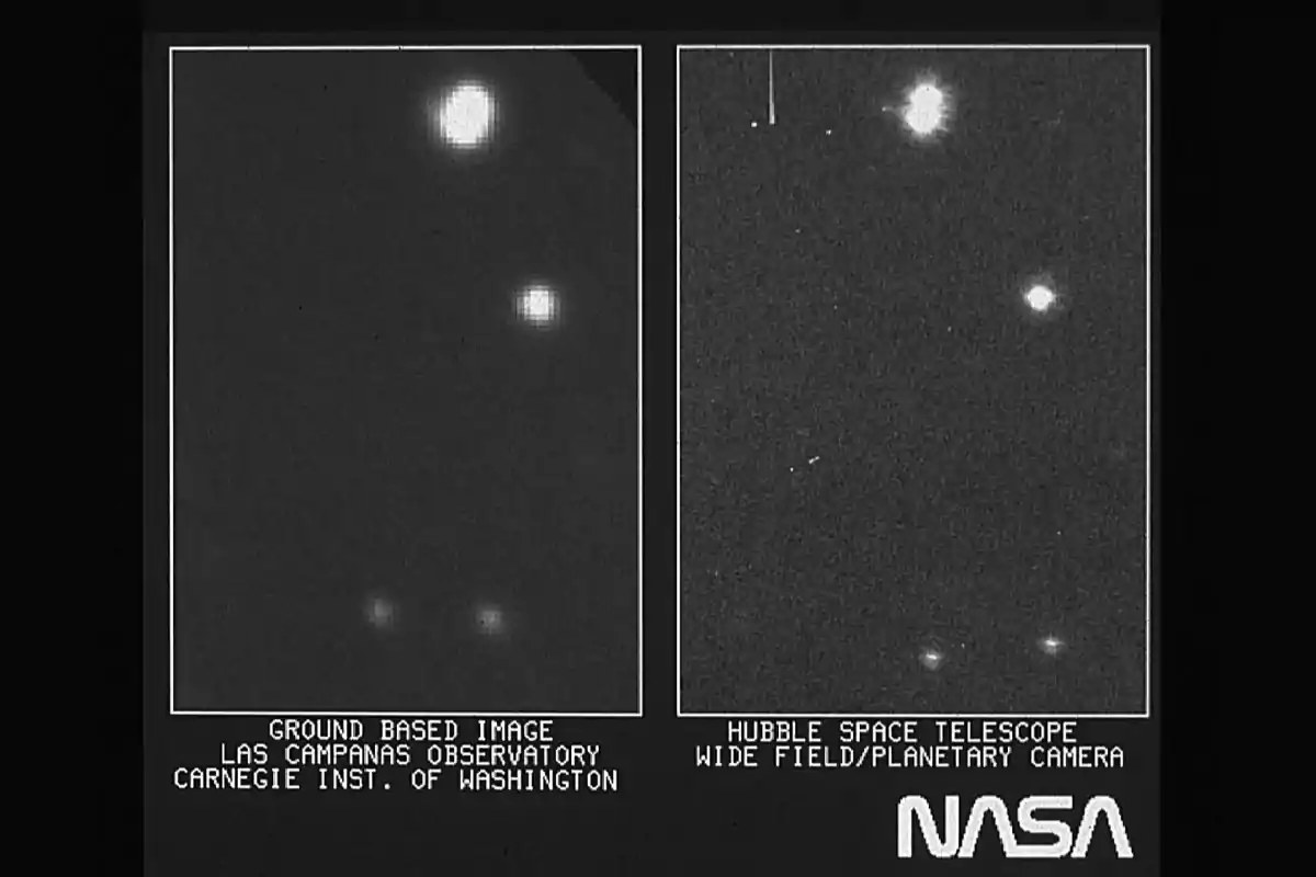 Comparison of astronomical images: on the left, an image taken from the Las Campanas Observatory; on the right, an image from the Hubble Space Telescope, both showing bright celestial bodies against a dark background. Comparison of astronomical images: on the left, an image taken from the Las Campanas Observatory; on the right, an image from the Hubble Space Telescope, both showing bright celestial bodies against a dark background.