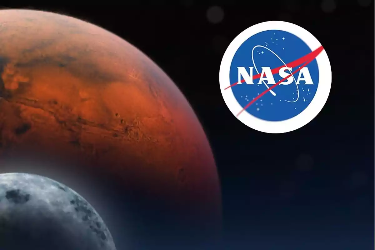 Planeta rojo y luna en el espacio con el logo de la NASA.