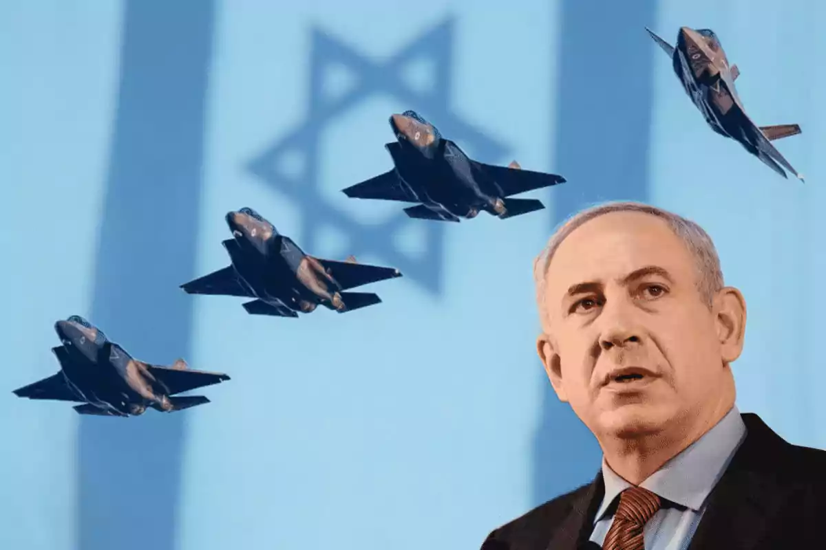 A gray-haired man with a serious expression appears in the foreground while five military planes fly in formation against a blue background with a blurred Star of David.