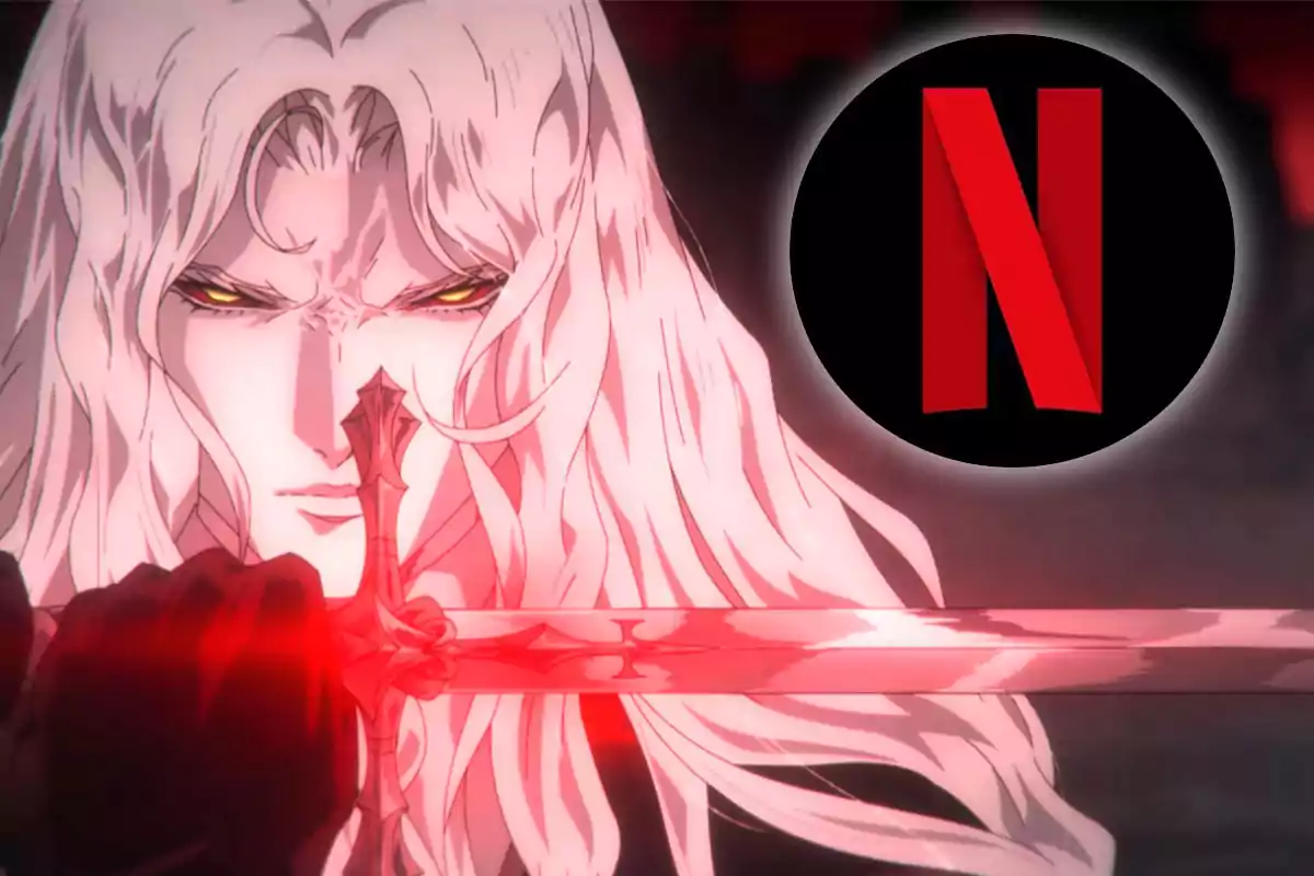 Alucard de la saga "Castlevania" sosteniendo una espada roja con el logo de Netflix en la esquina por el estreno de la segunda temporada de "Castlevania: Nocturno".