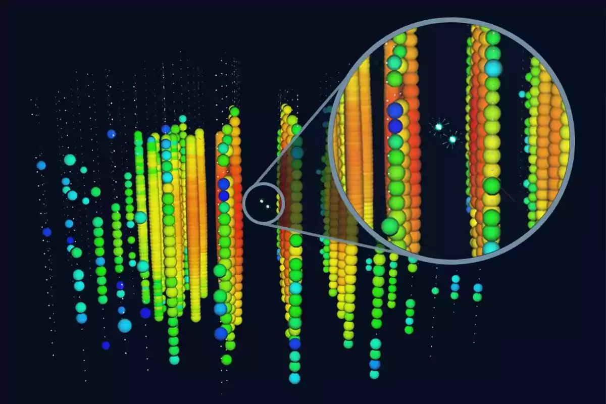 Esquema digital con esferas de colores representando la detección de partículas subatómicas y un círculo de aumento mostrando detalles de la interacción Esquema digital con esferas de colores representando la detección de partículas subatómicas y un círculo de aumento mostrando detalles de la interacción