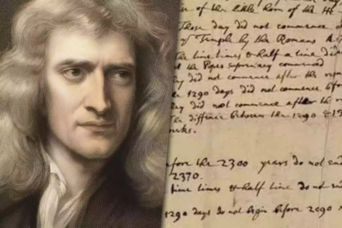 Un retrato de un hombre con cabello largo y rizado junto a una página de manuscrito antiguo con escritura a mano.