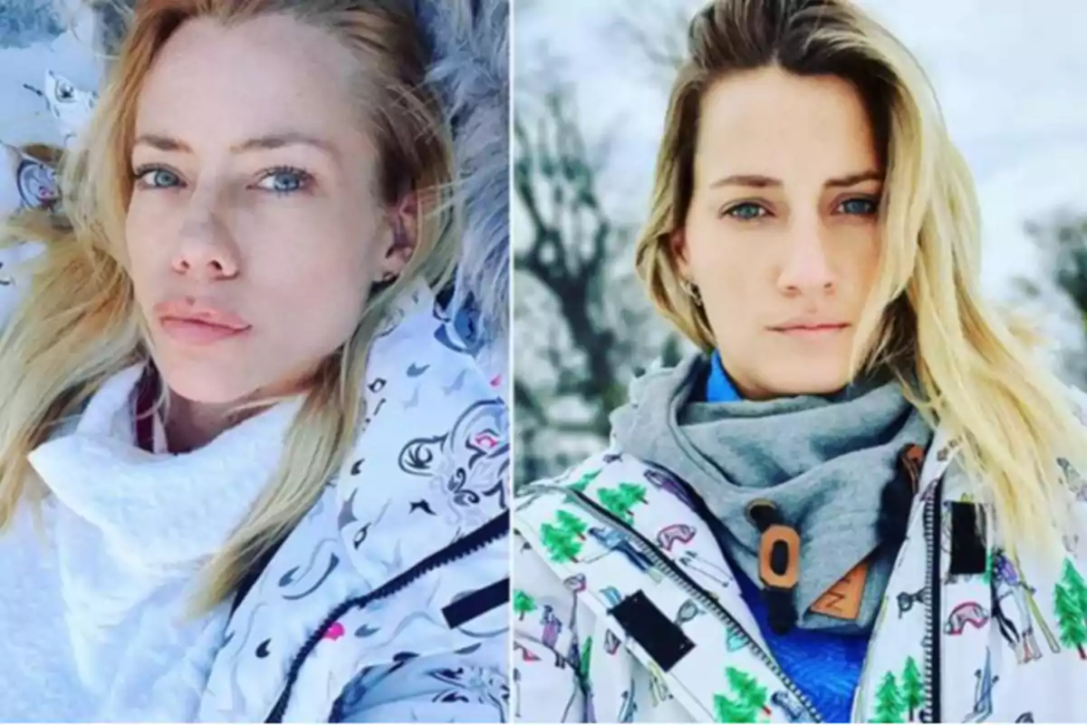 Dos mujeres rubias con chaquetas de invierno posan para la cámara en un entorno nevado.