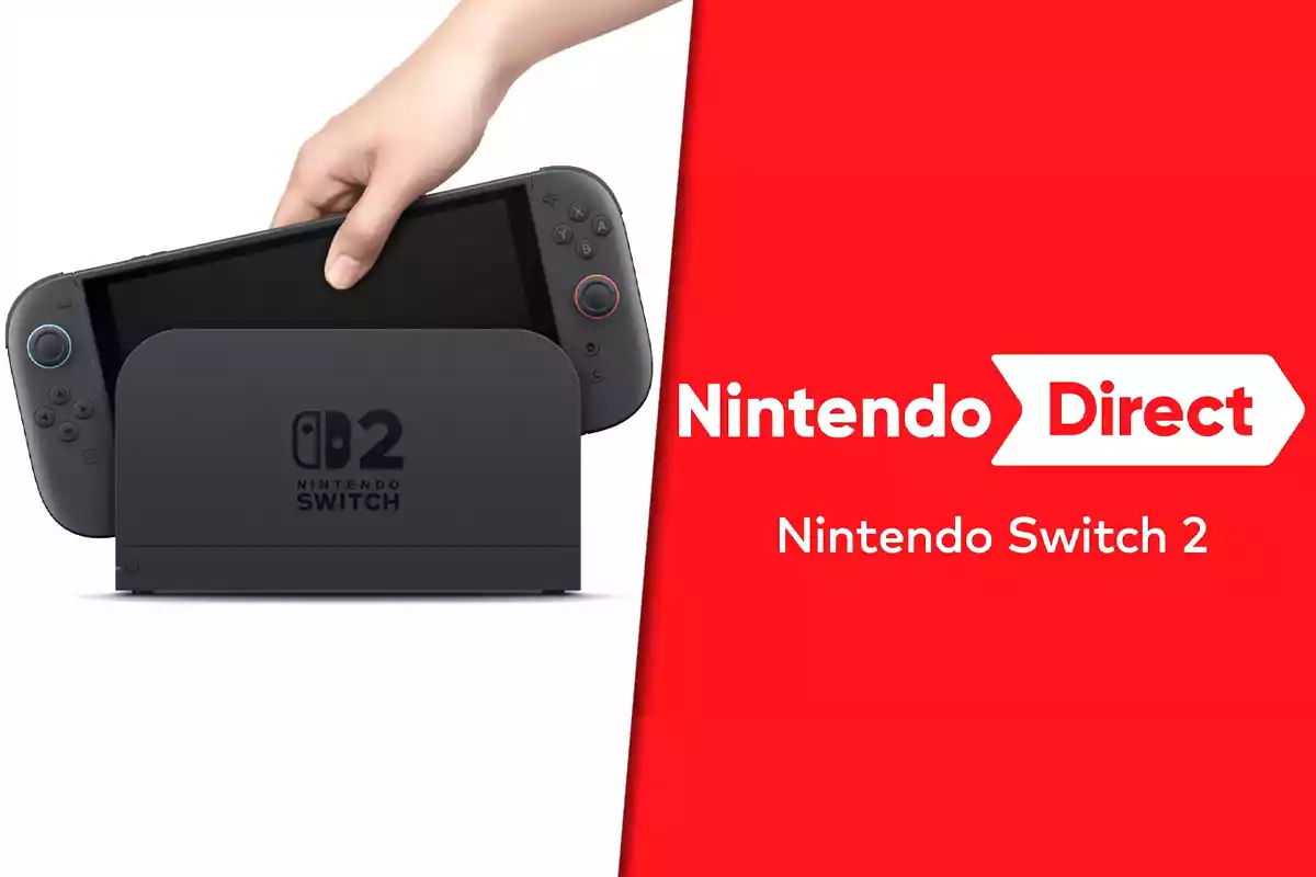 A hand holds a Nintendo Switch 2 console while placing it in its dock against a red background with the text Nintendo Direct and Nintendo Switch 2.