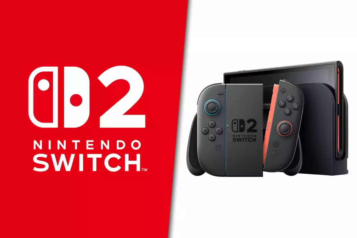 Promotional image of a Nintendo Switch 2 console with a red and white background and black and red Joy-Con controllers.