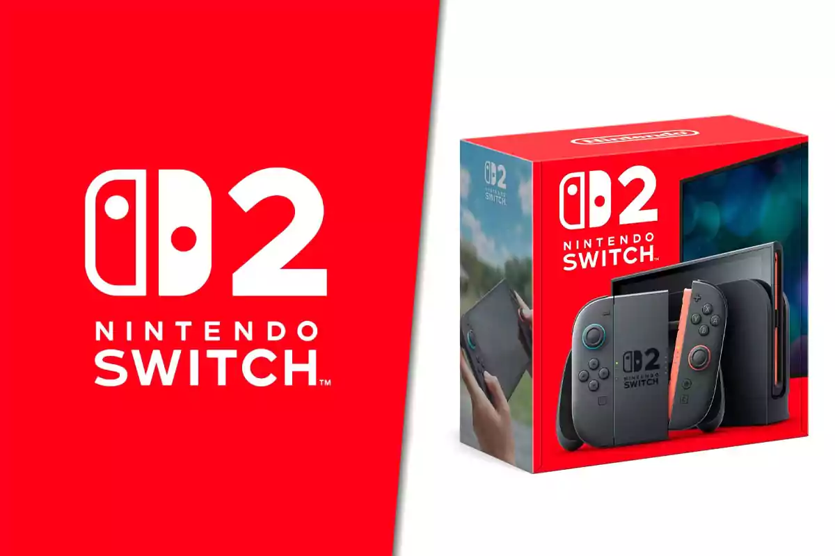 Caja de la consola Nintendo Switch 2 con controles y base sobre un fondo rojo