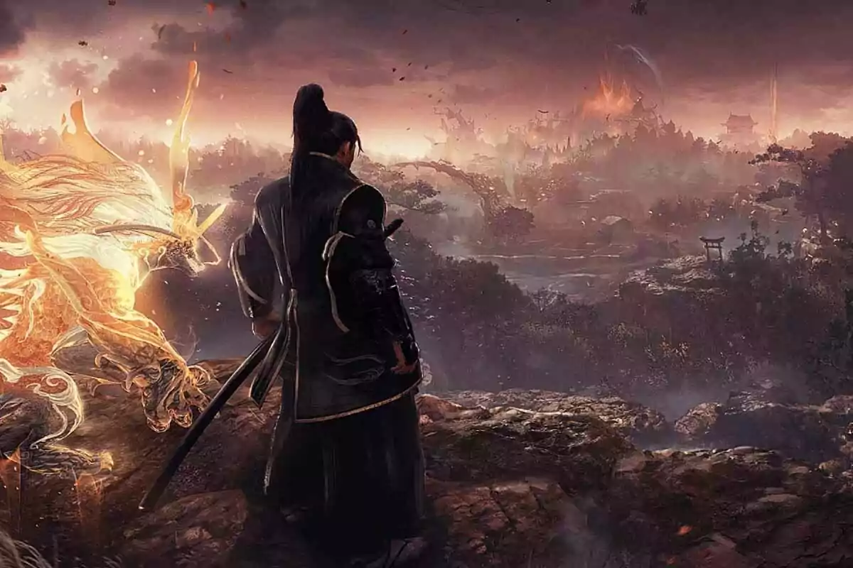 Samurai warrior seen from behind alongside a luminous mystical creature, observing a fantastic landscape with mountains and oriental structures at sunset Samurai warrior seen from behind alongside a luminous mystical creature, observing a fantastic landscape with mountains and oriental structures at sunset