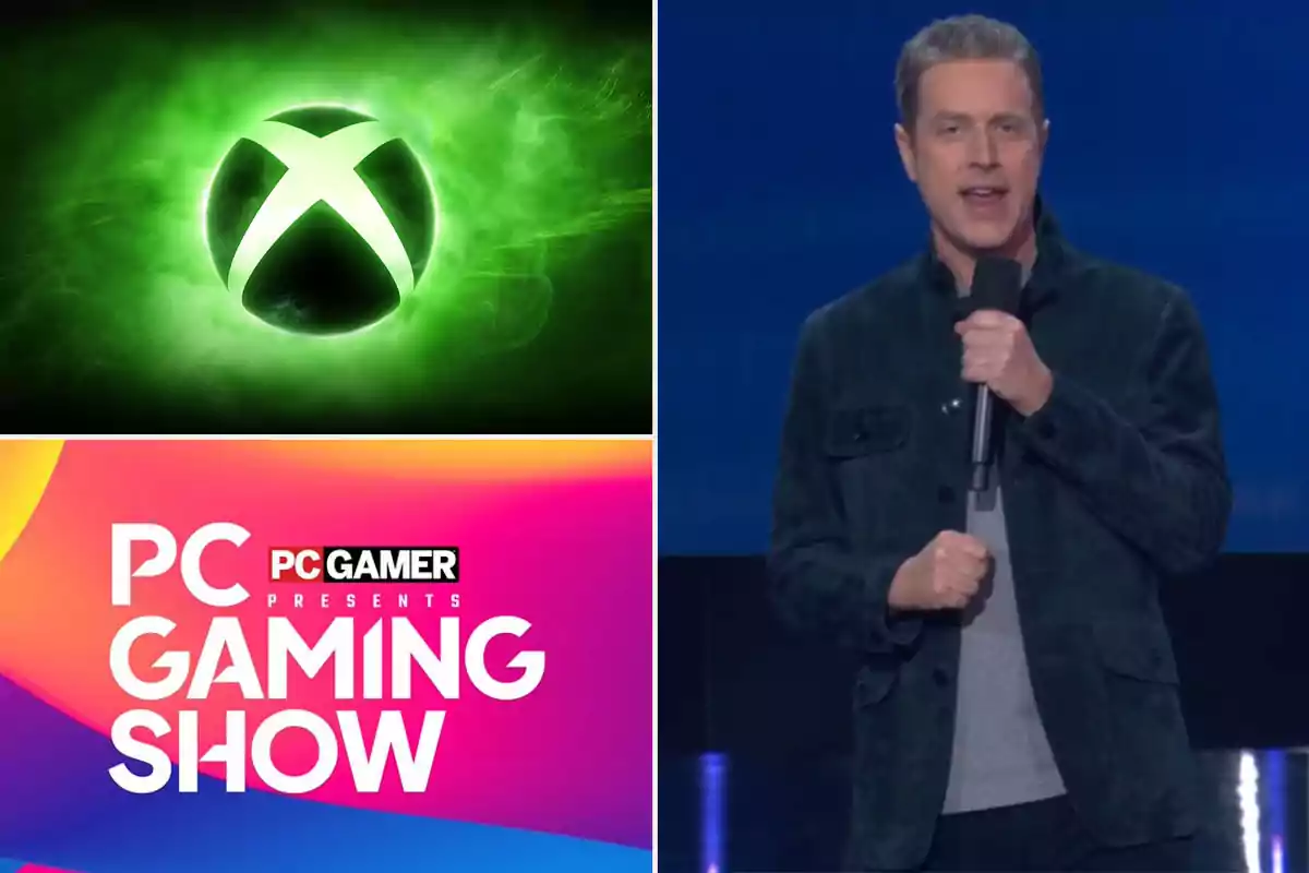 Montage with the Xbox logo on a green background, the PC Gaming Show logo on a colorful background, and a presenter speaking on a stage