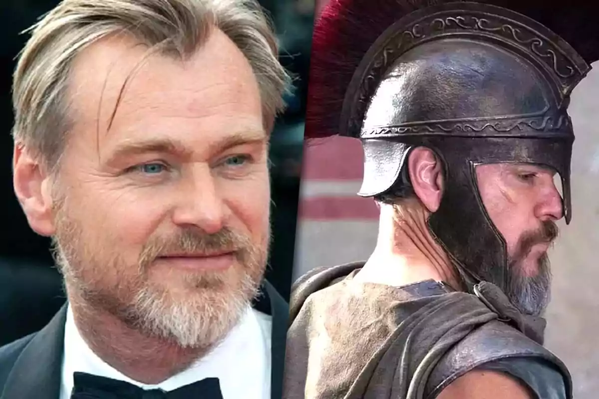 A man with a beard and blonde hair dressed formally next to a warrior with a metal helmet and armor.