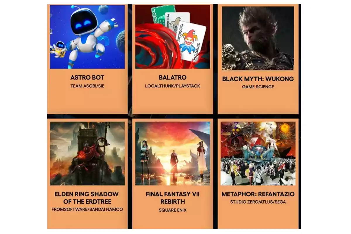 Seis tarjetas de videojuegos con imágenes y títulos: Astro Bot, Balatro, Black Myth: Wukong, Elden Ring Shadow of the Erdtree, Final Fantasy VII Rebirth, Metaphor: ReFantazio.