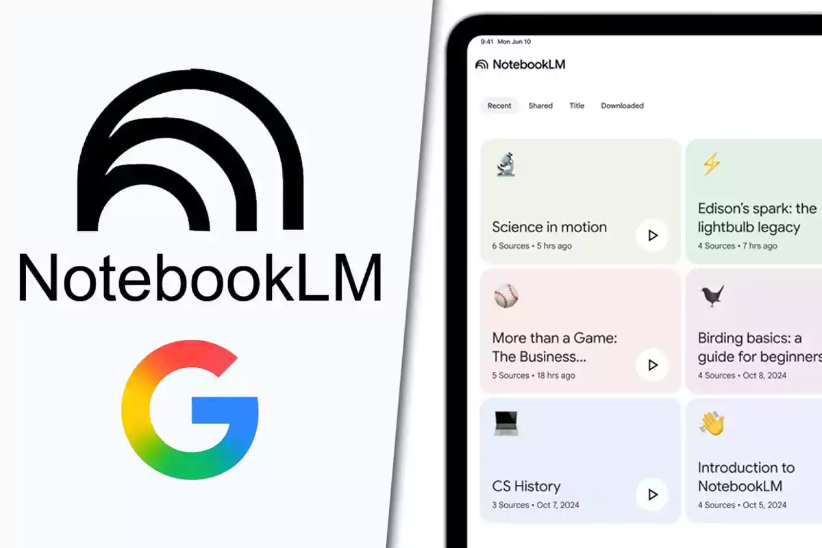 Google's NotebookLM logo next to a tablet screen displaying a list of articles with titles like "Science in motion" and "Edison's spark: the lightbulb legacy."