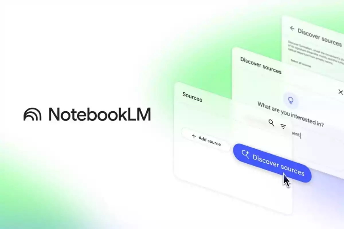NotebookLM user interface with options to add and discover information sources. NotebookLM user interface with options to add and discover information sources.
