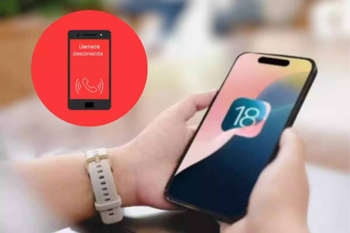 Una persona sostiene un iPhone con la actualización de iOS 18.2, mientras que un gráfico circular rojo a la izquierda muestra un ícono de llamada con el texto "Llamada desconocida".