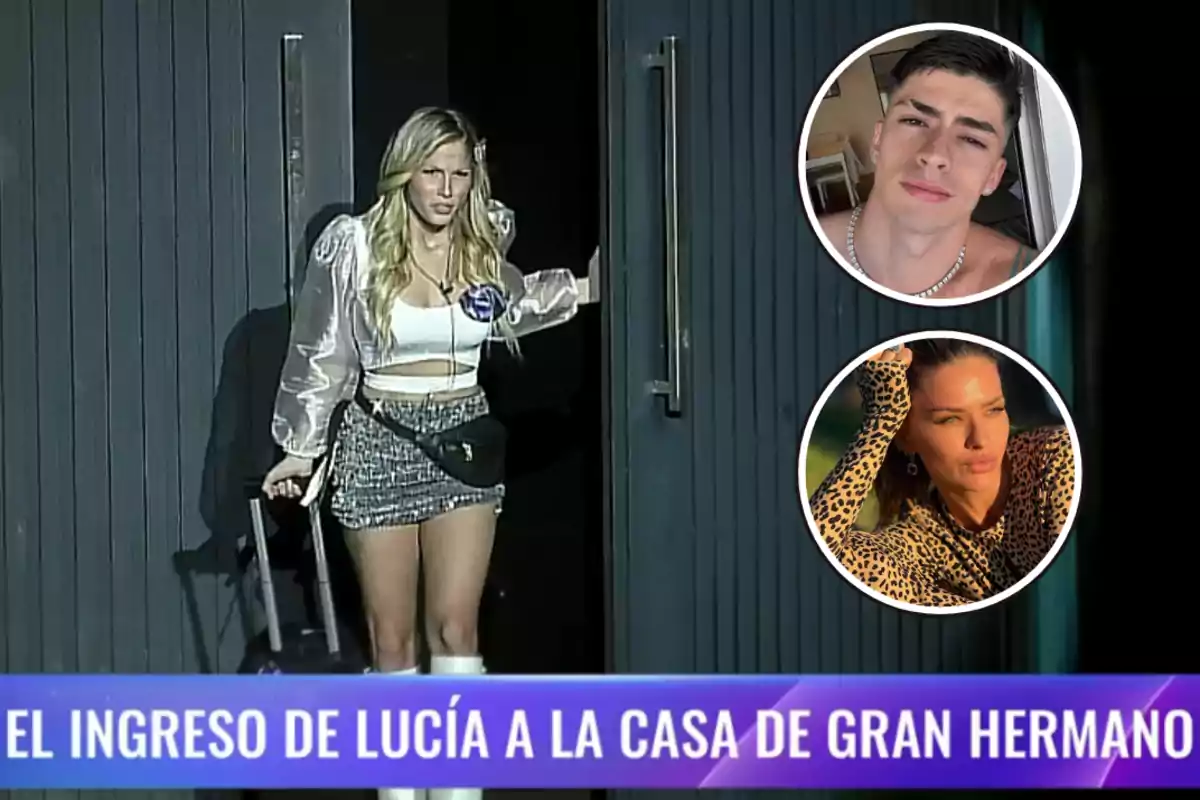 Una mujer con una maleta entra por una puerta, mientras dos imágenes circulares muestran a otras personas; en la parte inferior hay un texto sobre el ingreso de Lucía a la casa de Gran Hermano.