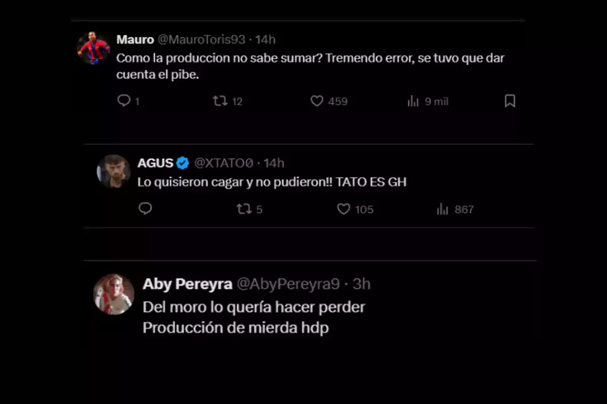 Three tweets from different users expressing anger and criticism toward the production of a television show for an alleged counting error and an attempt to harm a contestant named Tato. Three tweets from different users expressing anger and criticism toward the production of a television show for an alleged counting error and an attempt to harm a contestant named Tato.