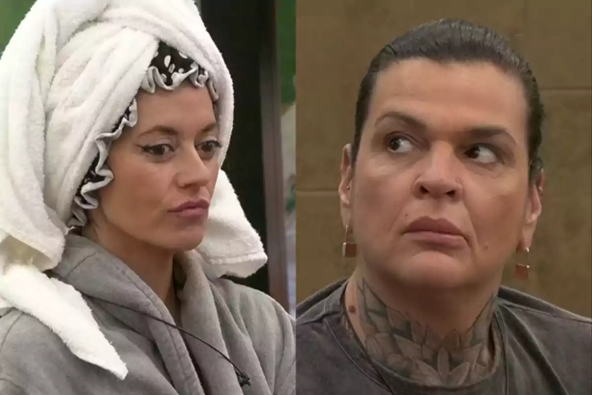 Two people in a conversation, one has a towel on their head and the other has a tattoo on their neck.