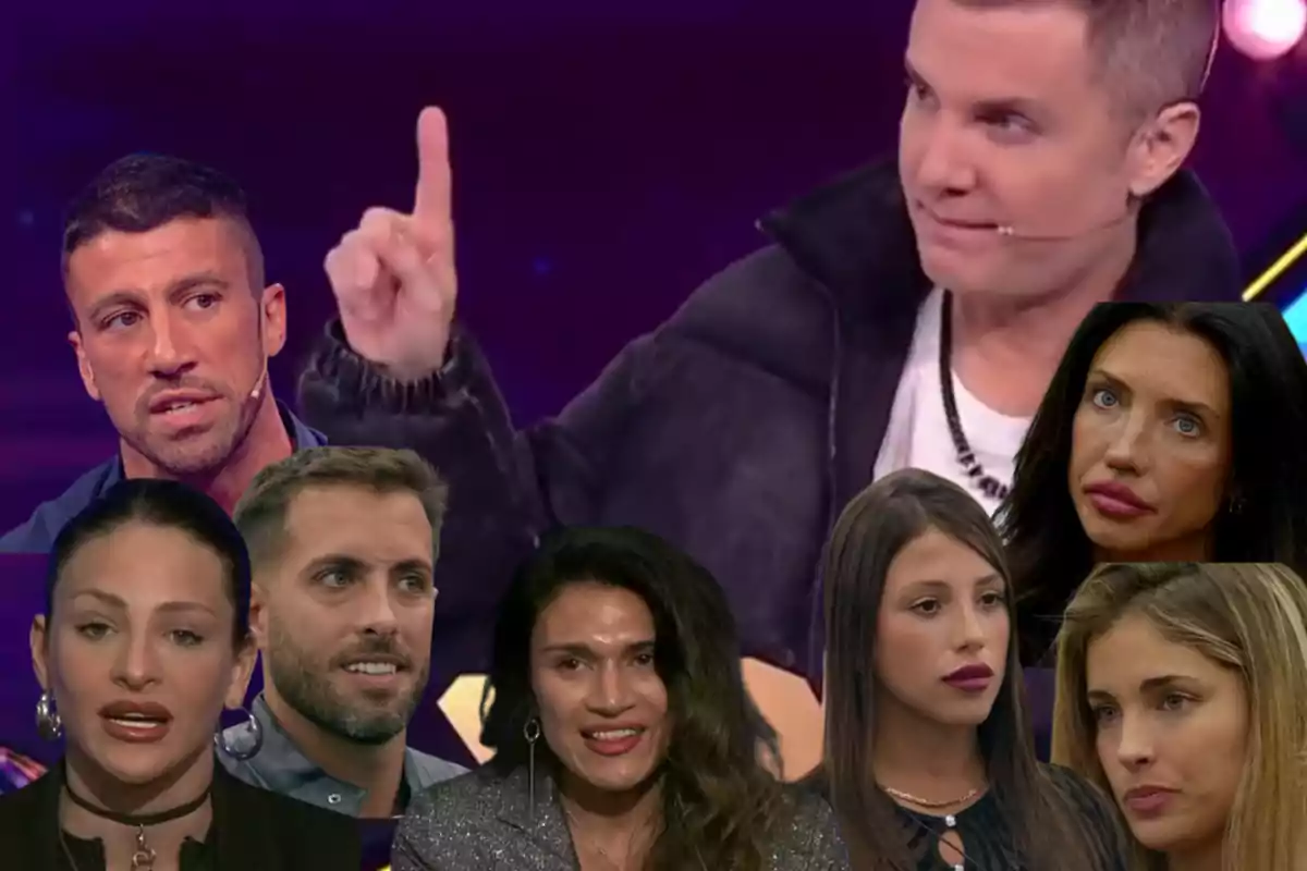 Collage of several people with serious expressions and a man in the background raising his index finger on a television set