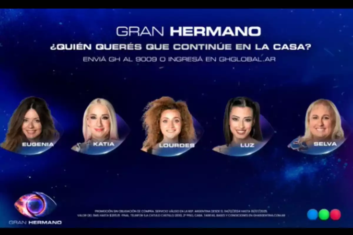 Five Gran Hermano contestants named Eugenia, Katia, Lourdes, Luz, and Selva appear against a blue background with the instruction to vote for one of them to stay in the house. Five Gran Hermano contestants named Eugenia, Katia, Lourdes, Luz, and Selva appear against a blue background with the instruction to vote for one of them to stay in the house.
