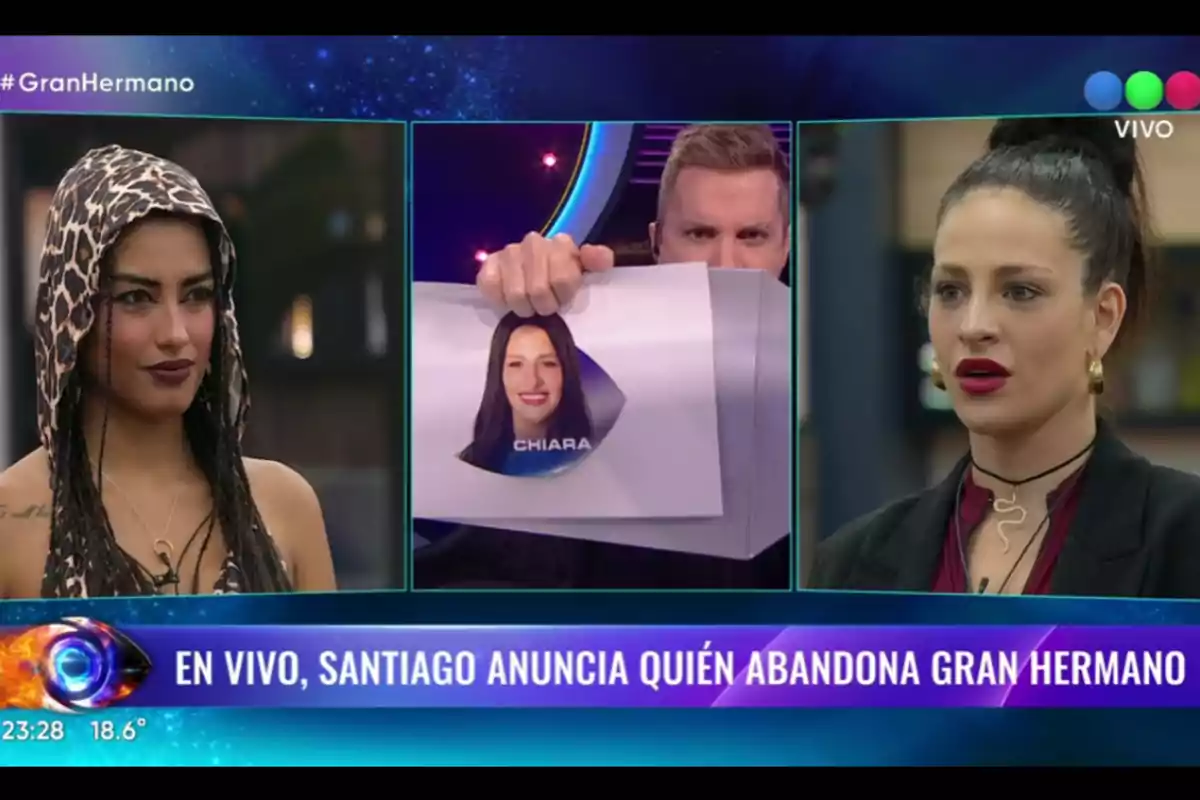 The image shows a live television program where a host holds a sheet with a person's photo while two women watch alertly. The image shows a live television program where a host holds a sheet with a person's photo while two women watch alertly.