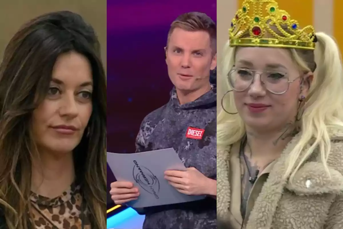 Three people in the foreground: a dark-haired woman on the left, a blond man in the center holding papers, and a blond woman with glasses and a crown on the right.