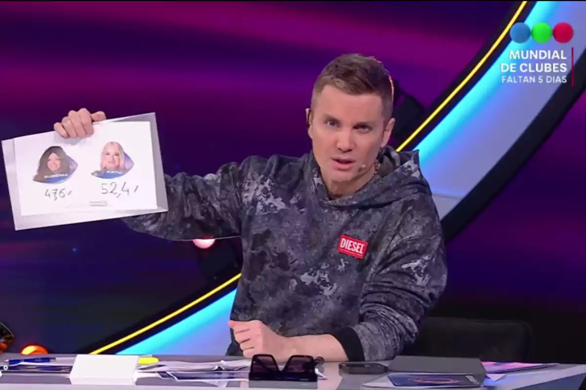A man in a gray sweatjersey is sitting at a desk and holding a sheet with photos and numbers, on a television set with a purple background and a channel logo in the corner. A man in a gray sweatjersey is sitting at a desk and holding a sheet with photos and numbers, on a television set with a purple background and a channel logo in the corner.