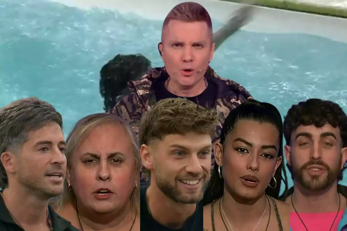 Six people in the foreground with different facial expressions and a swimming pool in the background