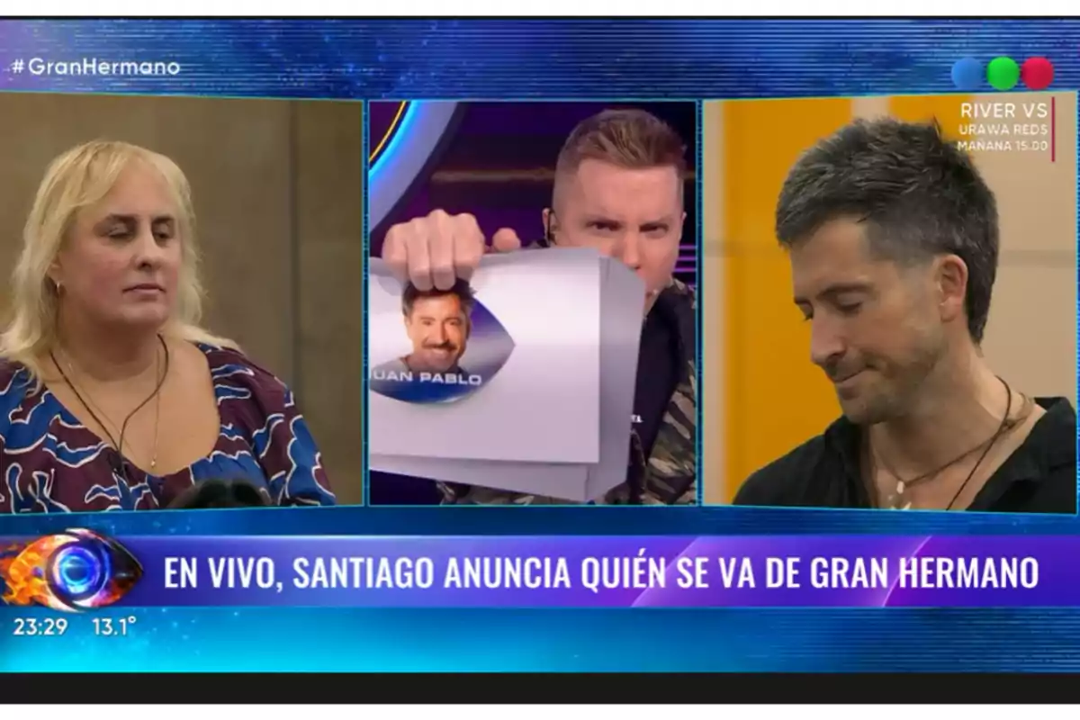 Tres personas aparecen en pantalla dividida durante una transmisión en vivo del programa Gran Hermano, el conductor muestra una hoja con la foto de un participante llamado Juan Pablo mientras se anuncia quién abandona la casa Tres personas aparecen en pantalla dividida durante una transmisión en vivo del programa Gran Hermano, el conductor muestra una hoja con la foto de un participante llamado Juan Pablo mientras se anuncia quién abandona la casa